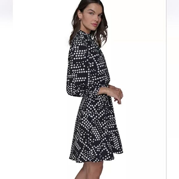 Karl Lagerfeld Women's Dot-Print Mock-Neck 3/4-Sleeve Dress Size 10 - Picture 1 of 15